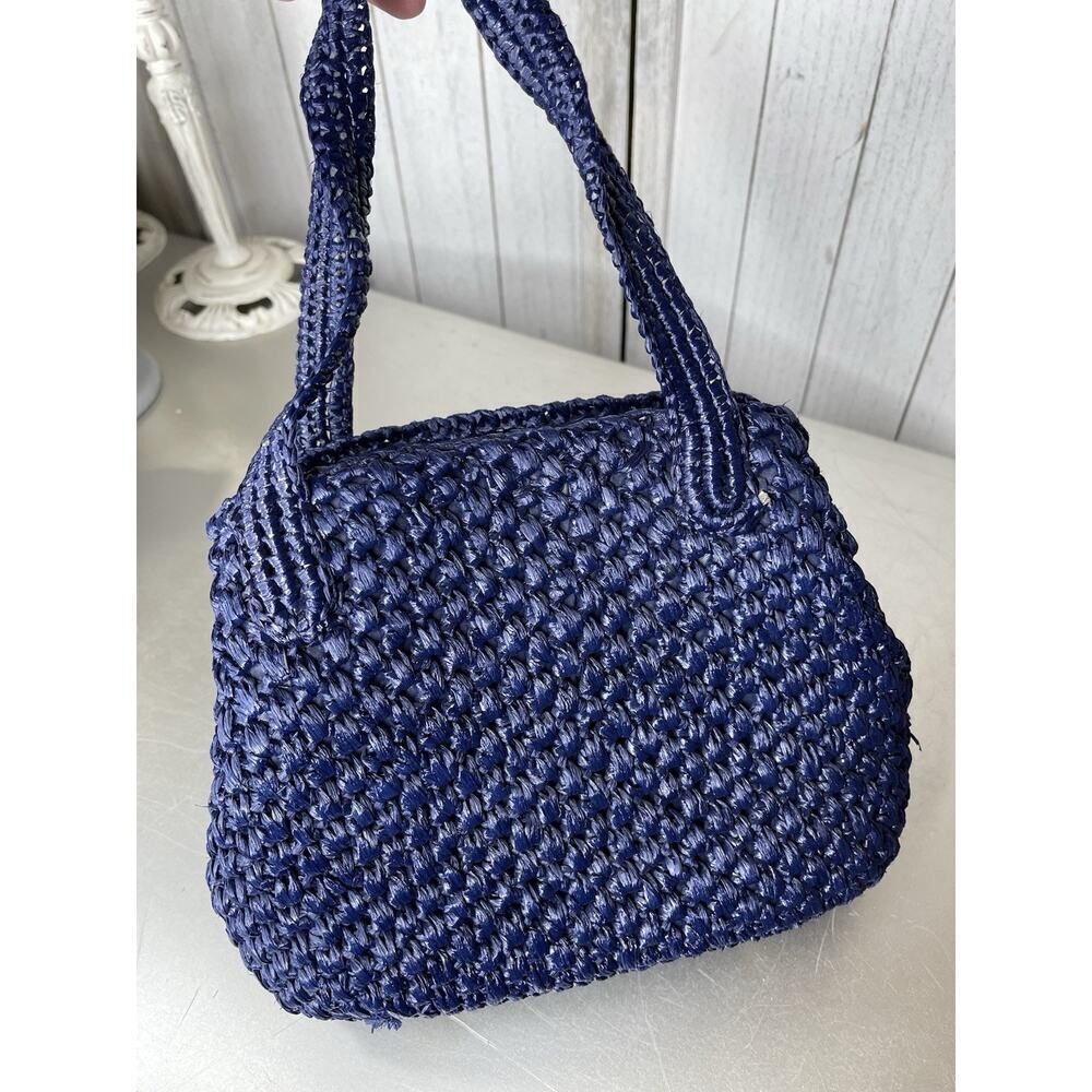 Vintage 70’s Shoulder Bag Navy Straw Top Handle Handbag Kisslock Interior - Picture 2 of 7
